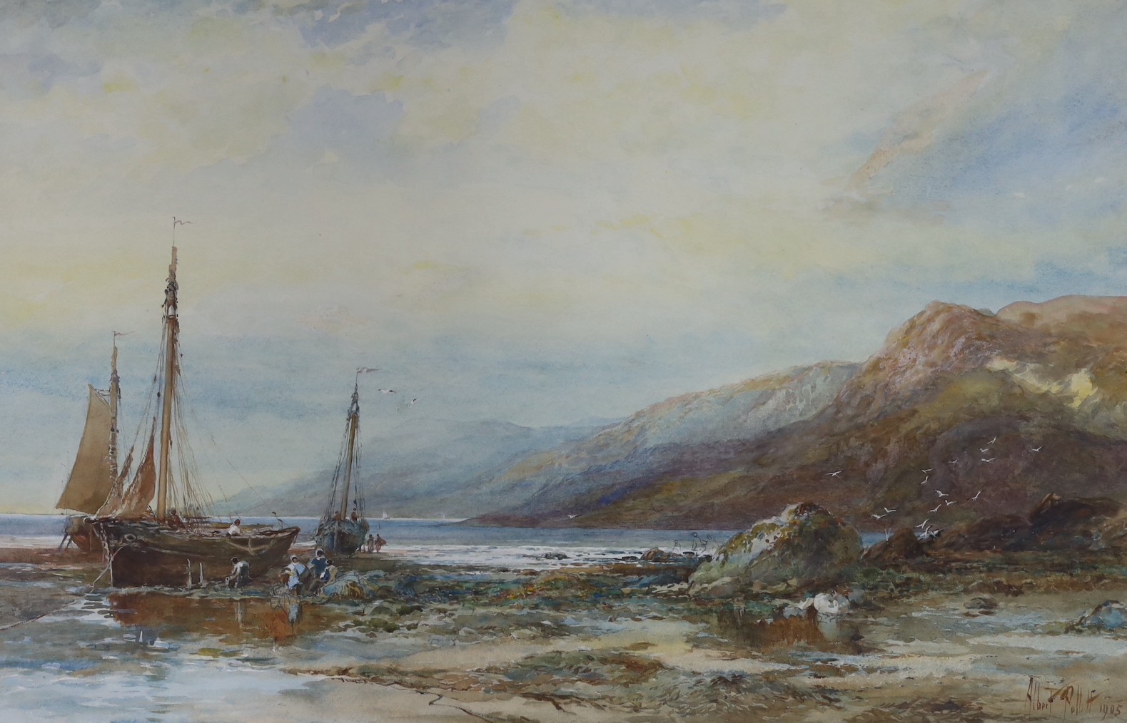 Albert Pollitt (1856-1926), watercolour, Coastal scene with fishing boats unloading the catch, signed and dated 1905, 44 x 68cm